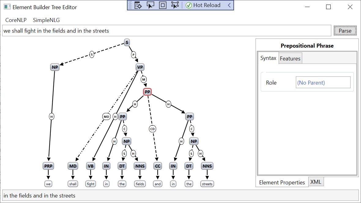 Image of selected coordinated prepositional phrase