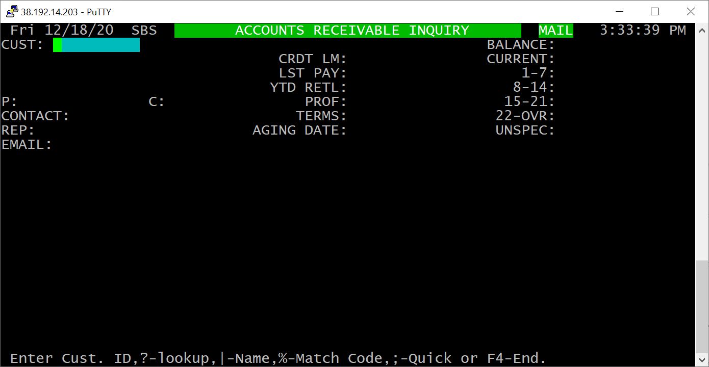 WDS-II screen for Accounts Receivable Inquiry